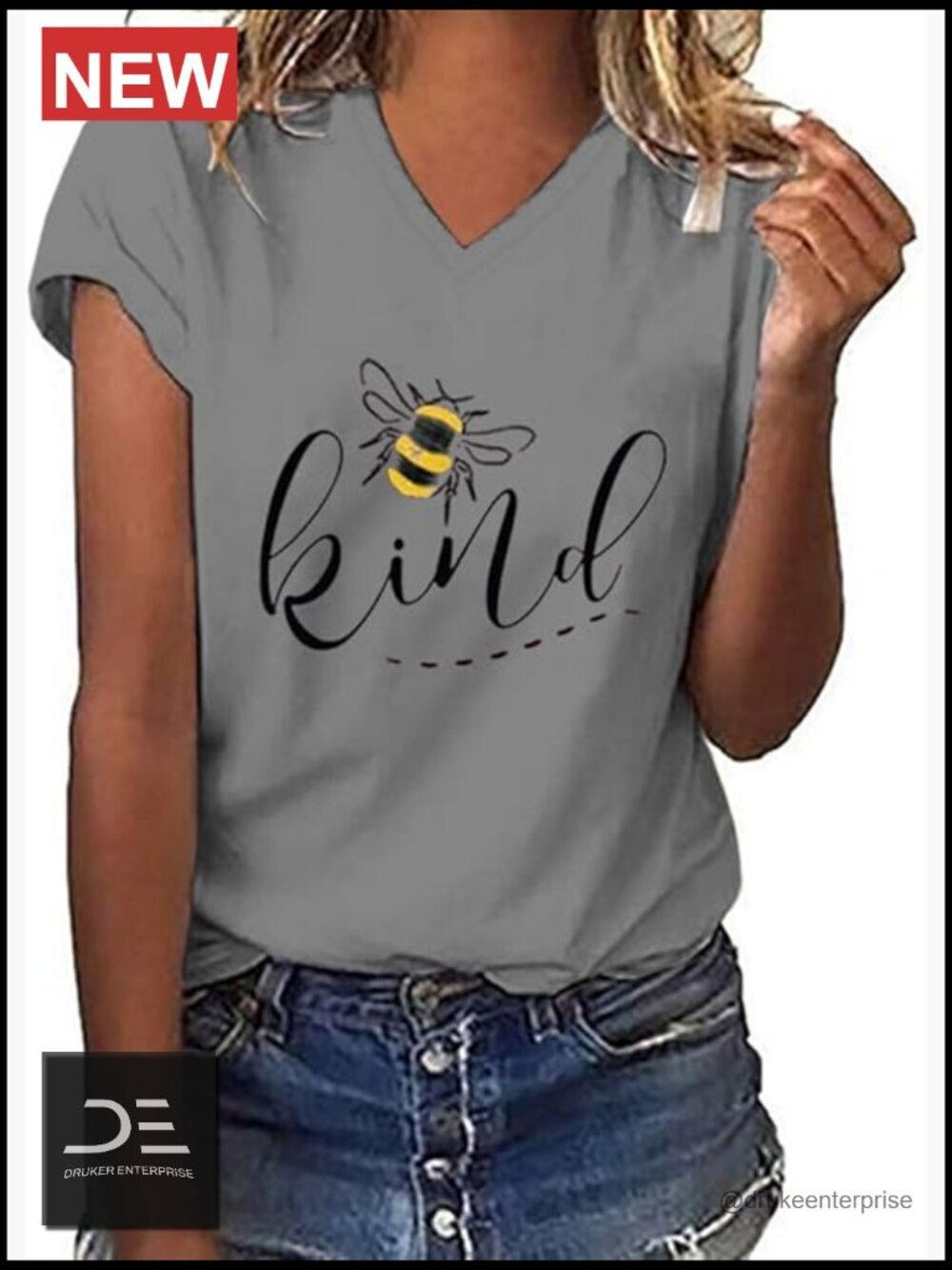 V Neck Be Kind Graphic Tee Cuffed Short Sleeve Tunic Top Soft Cotton